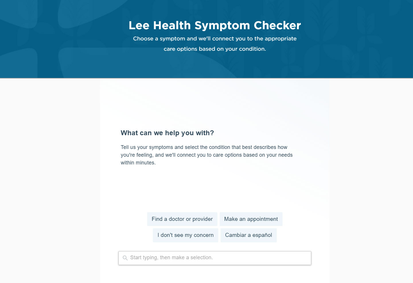 Screenshot of Lee Health Symptom Checker Screenshot