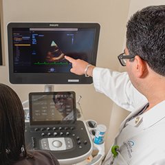 Doctor pointing at medical screen
